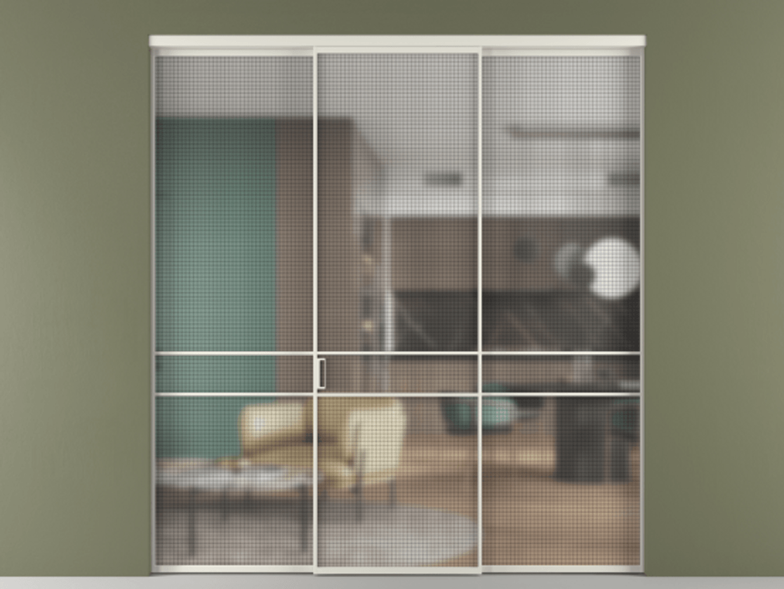 Перегородка Formato внутри проёма 3 створки АЛПР 040.02 Алюминий Белый Декоративное стекло с сеткой "Mesh silver", триплекс Цена 13790 Br | Volhovec