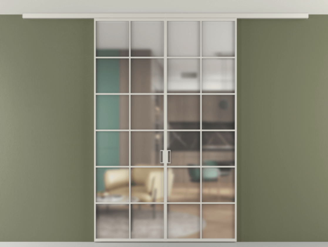 Перегородка Формато вдоль стены на потолок 2 створки АЛПР 040.05 Алюминий тёплый серый Сатинированное стекло "Мателюкс Кристал Вижн", калёное, матовое, каленое 6 мм Цена 13960 Br | Volhovec