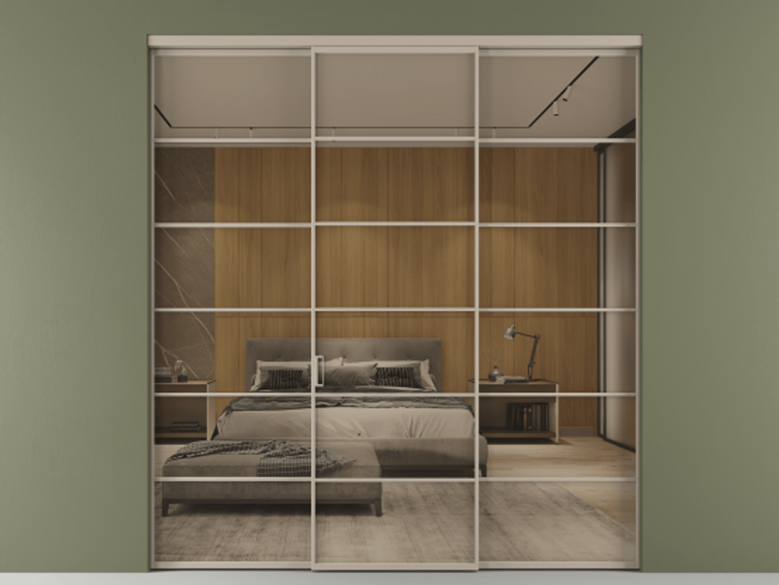 Перегородка Formato внутри проёма 3 створки АЛПР 040.04 Алюминий бисквитный Рефлективное бронзовое стекло "Stopsol", калёное Цена 18230 Br | Volhovec