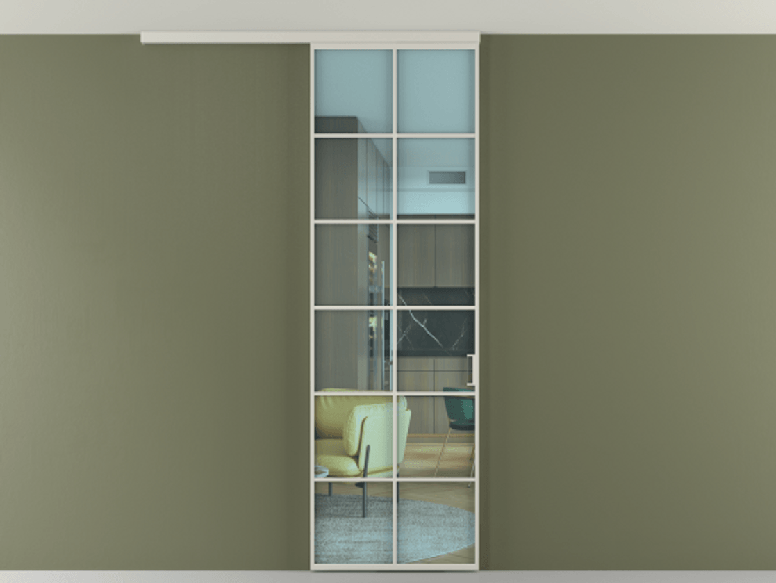 Перегородка Формато вдоль стены на потолок 1 створка АЛПР 040.05 Алюминий тёплый серый Прозрачное голубое стекло, триплекс Цена 5500 Br | Volhovec