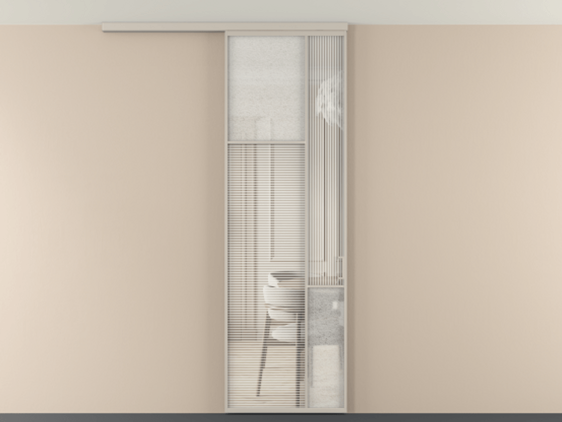 Перегородка Мозаик вдоль стены на потолок 1 створка АЛПР 041.10 Алюминий светло-бежевый Рифлёное стекло "Дюна", триплекс, 6 мм + Фактурное стекло "Лёд", триплекс Цена 7650 Br | Volhovec