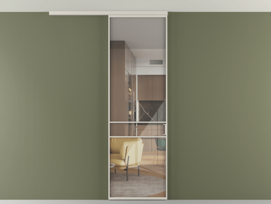 Перегородка Формато вдоль стены на потолок 1 створка АЛПР 040.02 Алюминий облачно-серый Рефлективное прозрачное стекло "Стопсол", калёное Цена 6711 Br | Volhovec