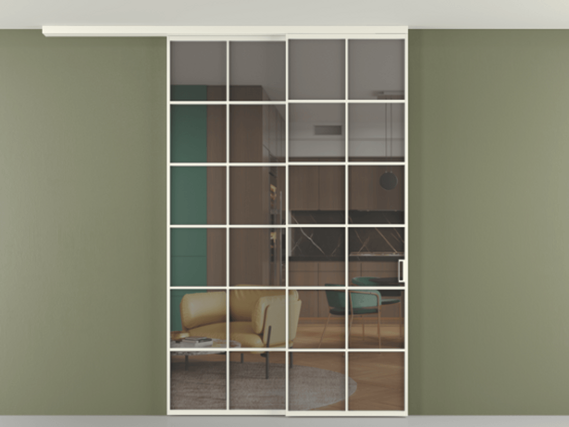 Перегородка Formato вдоль стены на потолок 2 створки с синхронным механизмом АЛПР 040.05 Алюминий жемчужный Прозрачное серое стекло, триплекс Цена 15110 Br | Volhovec