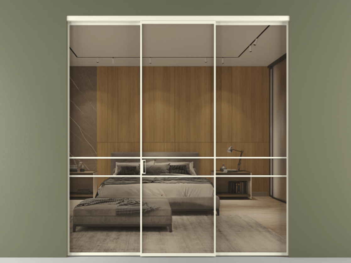 Перегородка Formato внутри проёма 3 створки АЛПР 040.02 Алюминий молочно-белый Рефлективное бронзовое стекло "Stopsol", калёное Цена 16980 Br | Volhovec