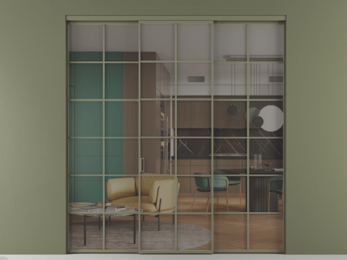 Перегородка Формато внутри проёма 3 створки АЛПР 040.05 Алюминий оливковый тёмный Прозрачное серое стекло, триплекс Цена 13620 Br | Volhovec