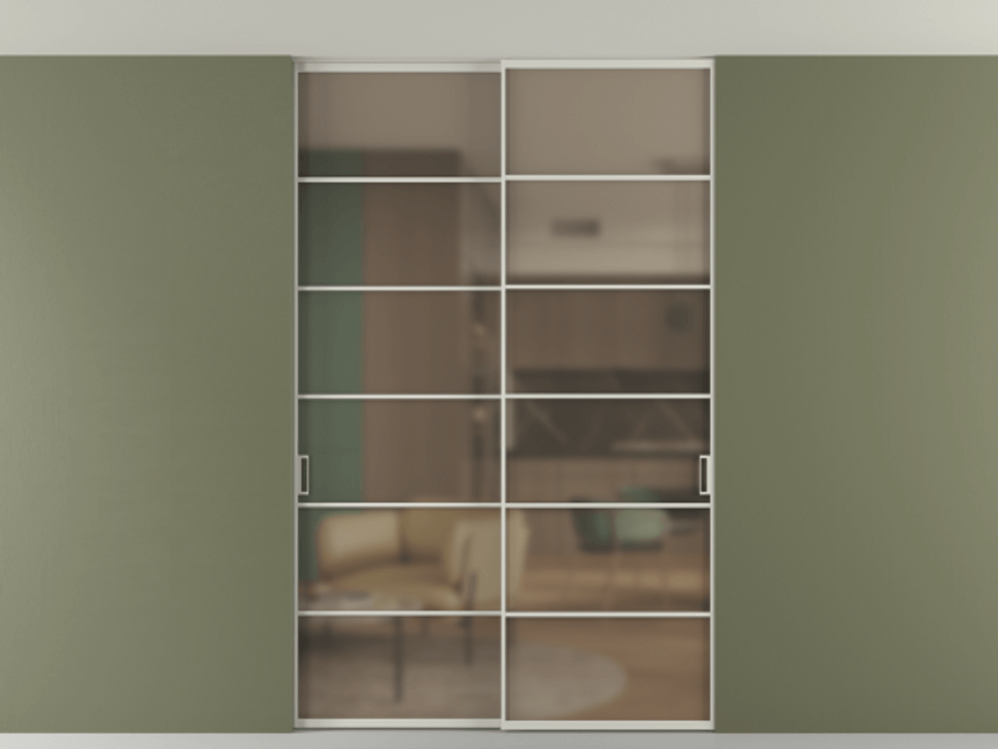 Перегородка Formato внутри проёма скрытое крепление в потолок 2 створки АЛПР 040.04 Алюминий тёплый серый Сатинированное бронзовое стекло, триплекс Цена 14450 Br | Volhovec