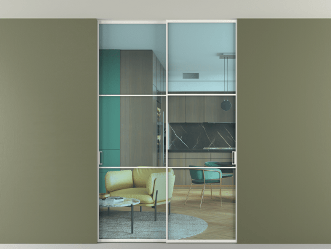 Перегородка Формато внутри проёма скрытое крепление в потолок 2 створки АЛПР 040.03 Алюминий светло-серый Прозрачное голубое стекло, триплекс Цена 13300 Br | Volhovec