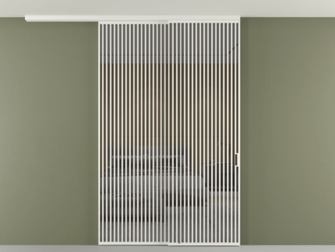 Перегородка Формато вдоль стены на потолок 2 створки с синхронным механизмом АЛПР 040.06 Алюминий светло-серый Рефлективное серое стекло "Стопсол", калёное Цена 29010 Br | Volhovec