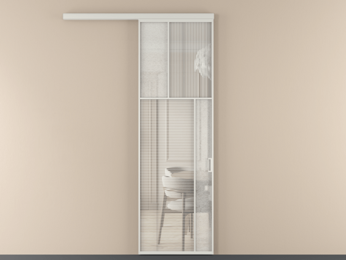 Перегородка Mosaic вдоль стены 1 створка АЛПР 041.23 Алюминий Белый Рифлёное стекло "Дюна", триплекс, 6 мм + Фактурное стекло "Лёд", триплекс Цена 7450 Br | Volhovec