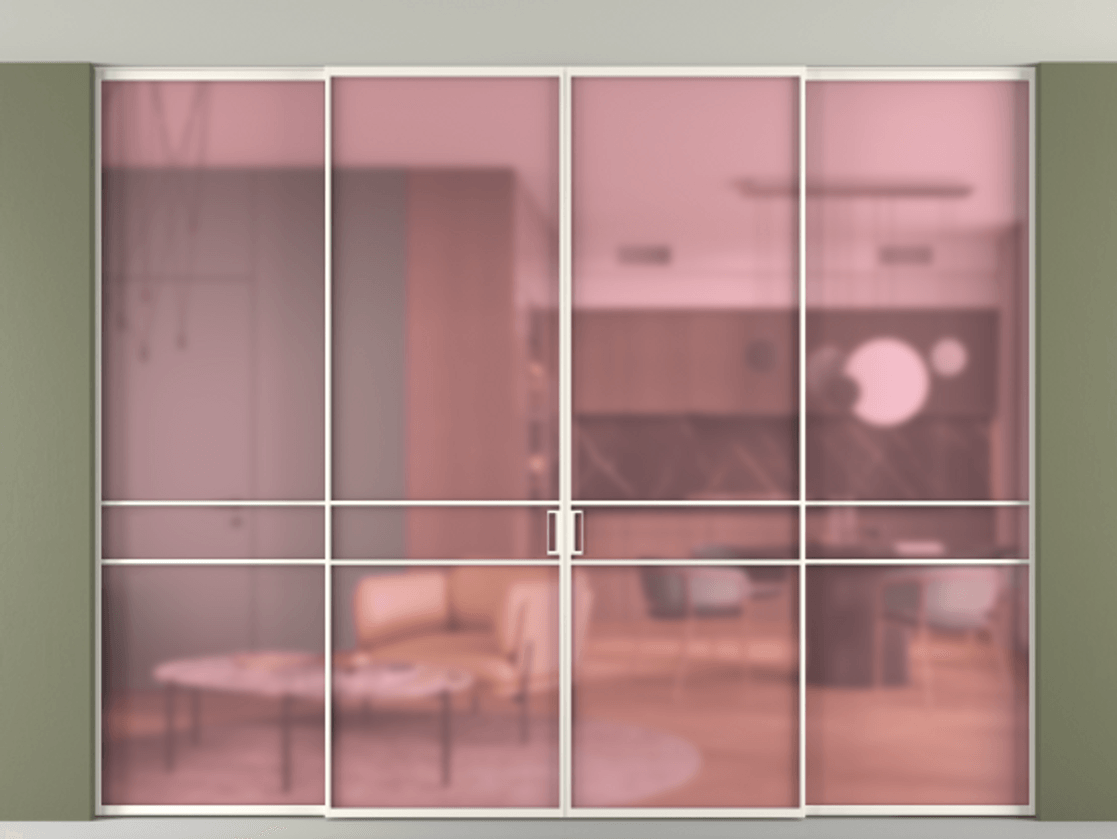 Перегородка Formato внутри проёма скрытое крепление в потолок 4 створки АЛПР 040.02 Алюминий пудровый белый Сатинированное розовое стекло, триплекс. Цена 24400 Br 1. Полотно 4 шт. (800/2100 мм)
2. Комплект установки раздвижной системы
3. Базовый комплект фурнитуры
4.Ручка RONDO. Фабрика дверей Волховец 8 (800) 551 43 19 Перегородка Formato внутри проёма скрытое крепление в потолок 4 створки АЛПР 040.02 Алюминий пудровый белый Сатинированное розовое стекло, триплекс Цена 24400 Br | Volhovec