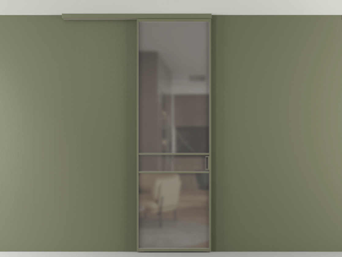 Перегородка Formato вдоль стены на потолок 1 створка АЛПР 040.02 Алюминий оливковый тёмный Сатинированное серое стекло, триплекс Цена 5400 Br | Volhovec