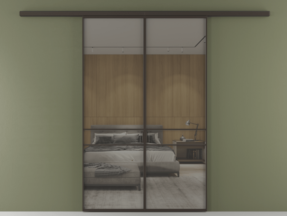 Перегородка Formato вдоль стены 2 створки АЛПР 040.02 Алюминий антрацит Рефлективное серое стекло "Stopsol", калёное Цена 13310 Br | Volhovec