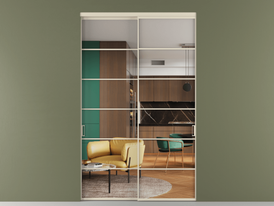 Перегородка Формато внутри проёма 2 створки АЛПР 040.04 Алюминий бежево-серый Прозрачное стекло "Кристал Вижн", калёное Цена 26410 Br  | Volhovec