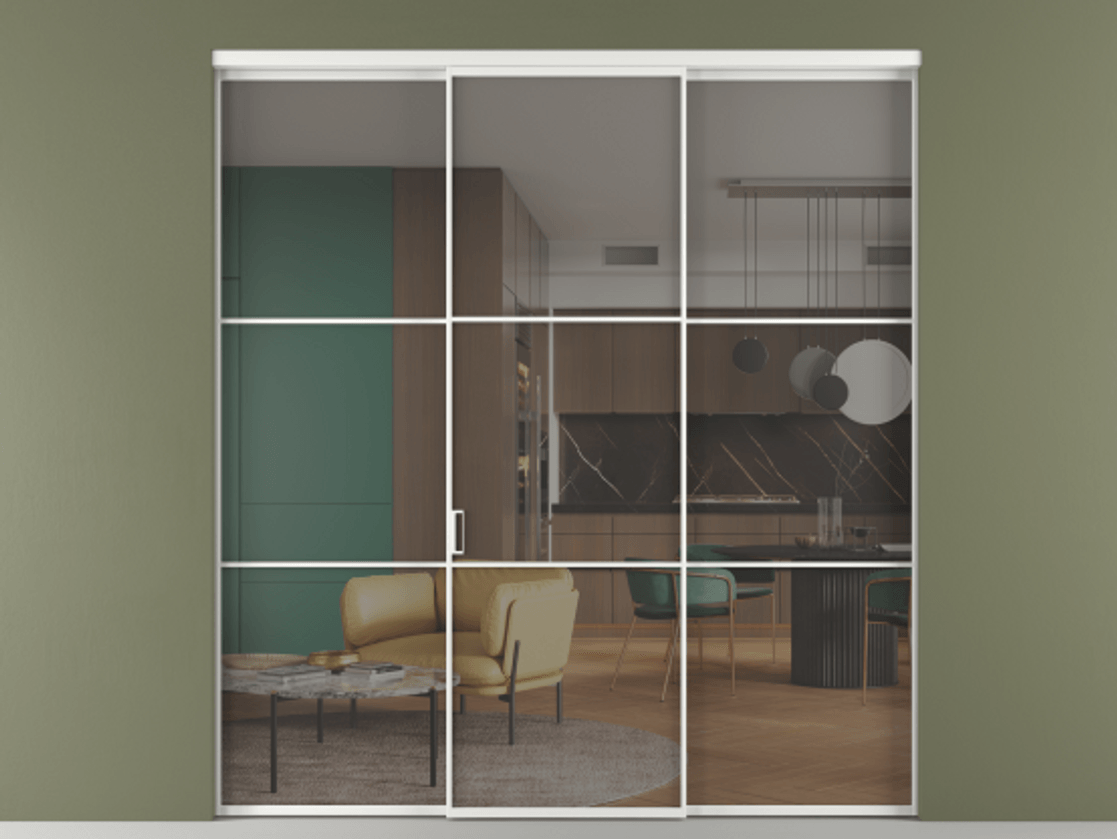 Перегородка Formato внутри проёма 3 створки АЛПР 040.03 Алюминий белоснежный Прозрачное серое стекло, триплекс Цена 13290 Br | Volhovec