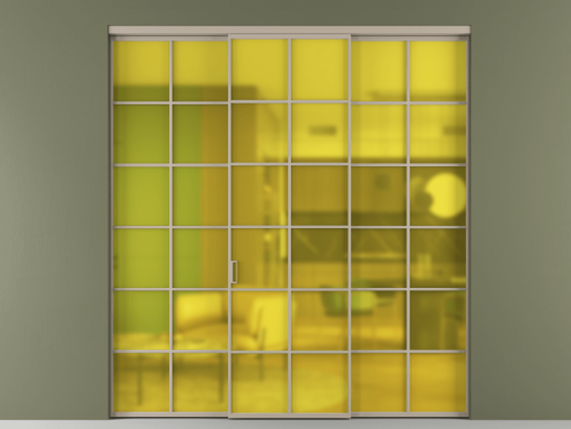 Перегородка Formato внутри проёма 3 створки АЛПР 040.05 Алюминий бисквитный Сатинированное жёлтое стекло, триплекс Цена 13600 Br | Volhovec