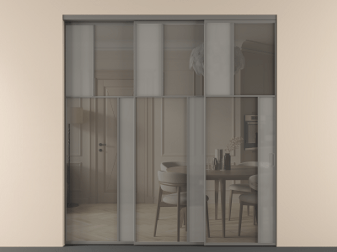 Перегородка Мозаик внутри проёма 3 створки с синхронным механизмом АЛПР 041.23 Алюминий классический серый Сатинированное серое стекло, триплекс, 6 мм + Прозрачное серое стекло, триплекс Цена 23390 Br | Volhovec