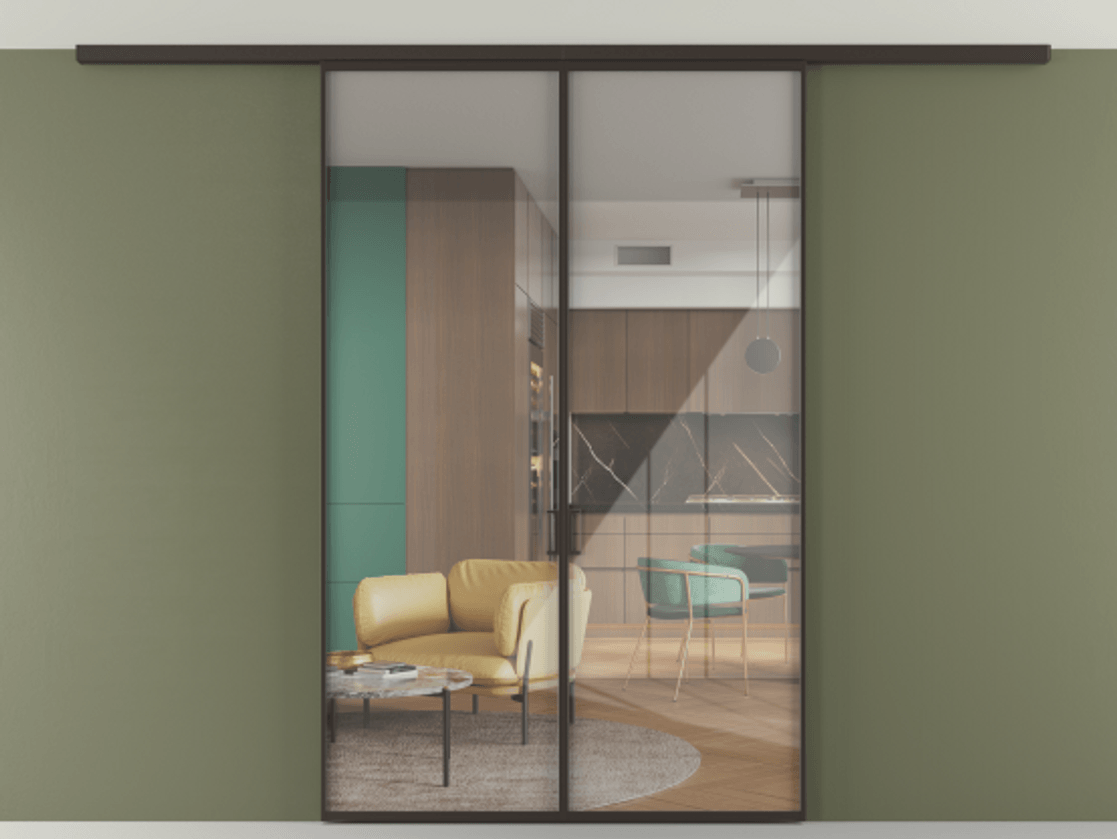 Перегородка Формато вдоль стены на потолок 2 створки АЛПР 040.01 Алюминий антрацит Рефлективное прозрачное стекло "Стопсол", калёное Цена 12410 Br | Volhovec