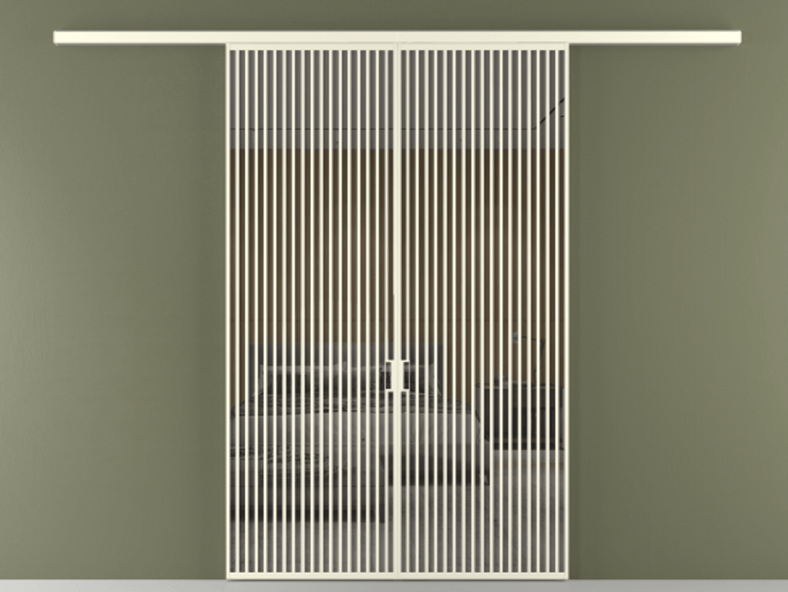 Перегородка Formato вдоль стены 2 створки АЛПР 040.06 Алюминий молочно-белый Рефлективное серое стекло "Stopsol", калёное Цена 23790 Br | Volhovec