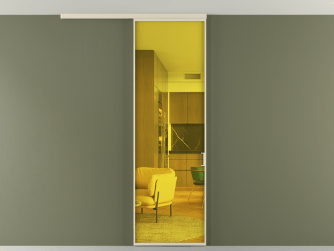 Перегородка Formato вдоль стены на потолок 1 створка АЛПР 040.01 Алюминий бежево-серый Прозрачное жёлтое стекло, триплекс Цена 5100 Br | Volhovec