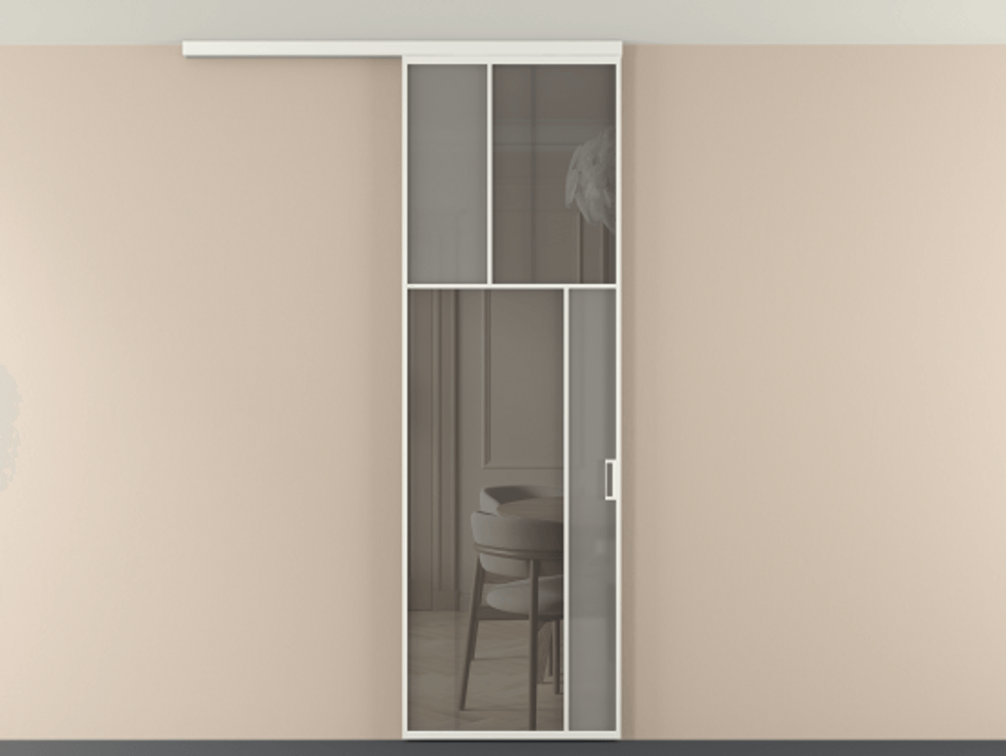 Перегородка Мозаик вдоль стены на потолок 1 створка АЛПР 041.23 Алюминий светло-серый Сатинированное серое стекло, триплекс, 6 мм + Прозрачное серое стекло, триплекс Цена 7220 Br | Volhovec