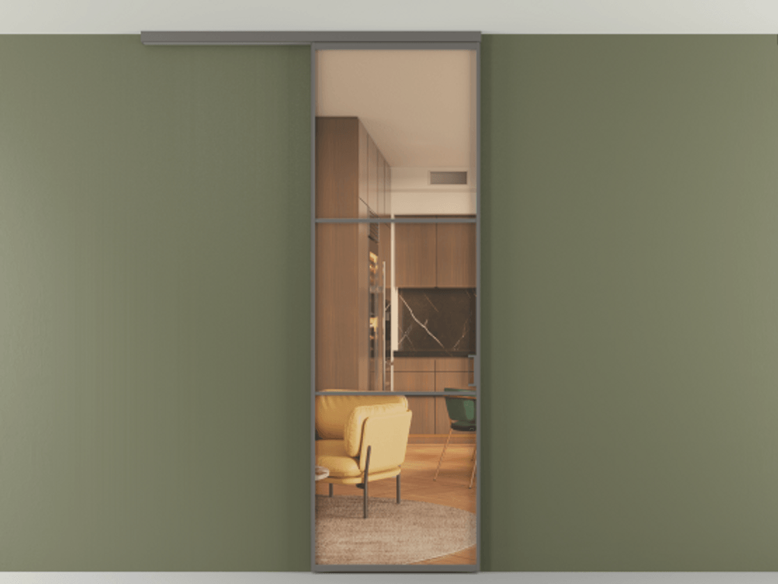 Перегородка Формато вдоль стены на потолок 1 створка АЛПР 040.03 Алюминий классический серый Прозрачное оранжевое стекло, триплекс Цена 5200 Br | Volhovec