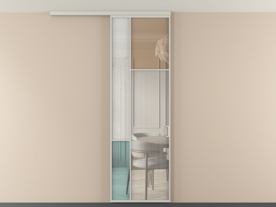 Перегородка Мозаик вдоль стены на потолок 1 створка АЛПР 041.11 Алюминий тёплый серый Комбинация стекол Группы 1 и Группы 3 Цена 7500 Br | Volhovec