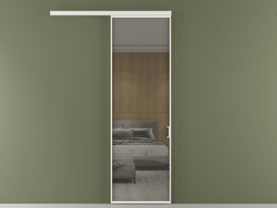 Перегородка Formato вдоль стены 1 створка АЛПР 040.01 Алюминий белоснежный Рефлективное серое стекло "Stopsol", калёное Цена 6610 Br  | Volhovec