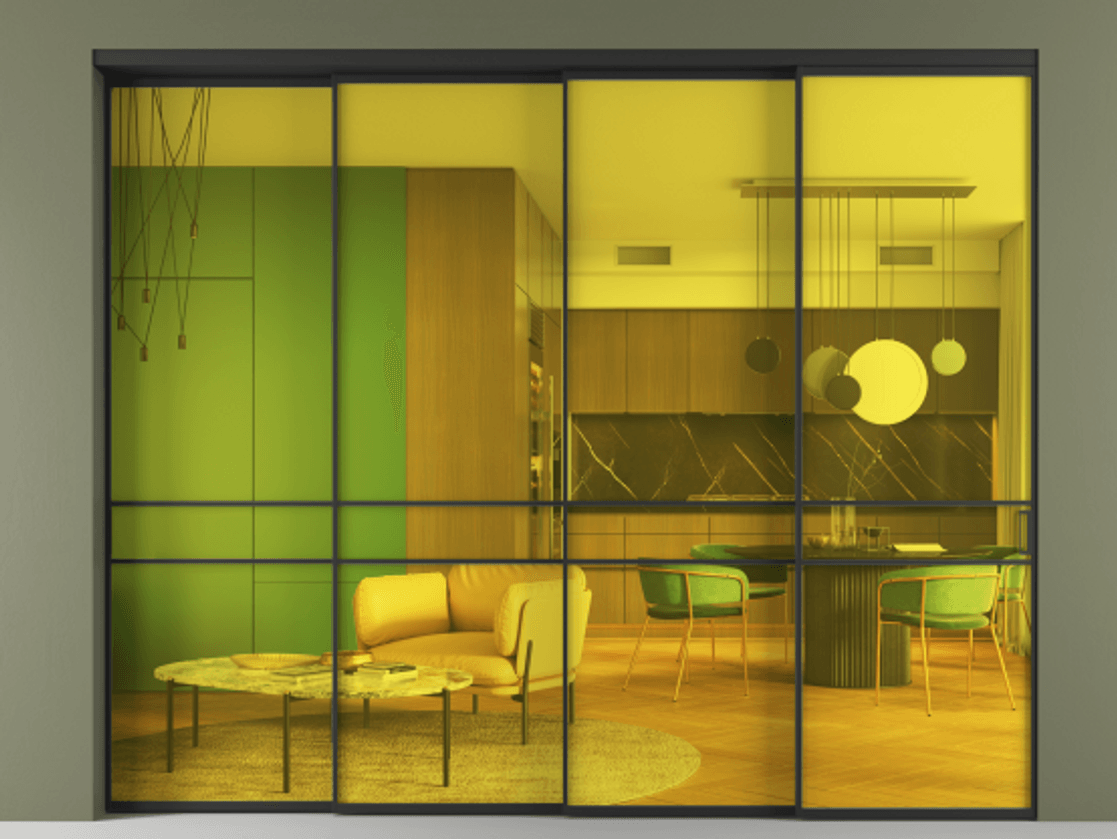 Перегородка Formato внутри проёма 4 створки с синхронным механизмом АЛПР 040.02 Алюминий Черный Прозрачное жёлтое стекло, триплекс Цена 23600 Br | Volhovec