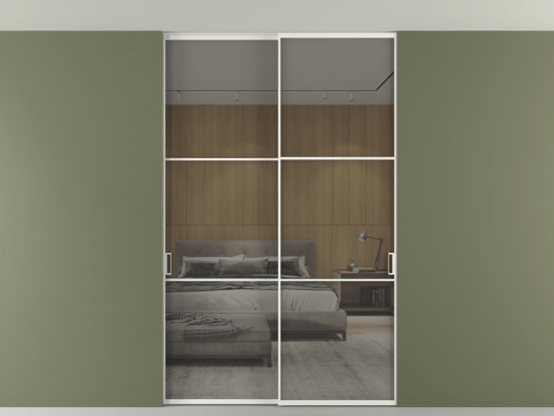 Перегородка Formato внутри проёма скрытое крепление в потолок 2 створки АЛПР 040.03 Алюминий светло-серый Рефлективное серое стекло "Stopsol", калёное Цена 16340 Br | Volhovec