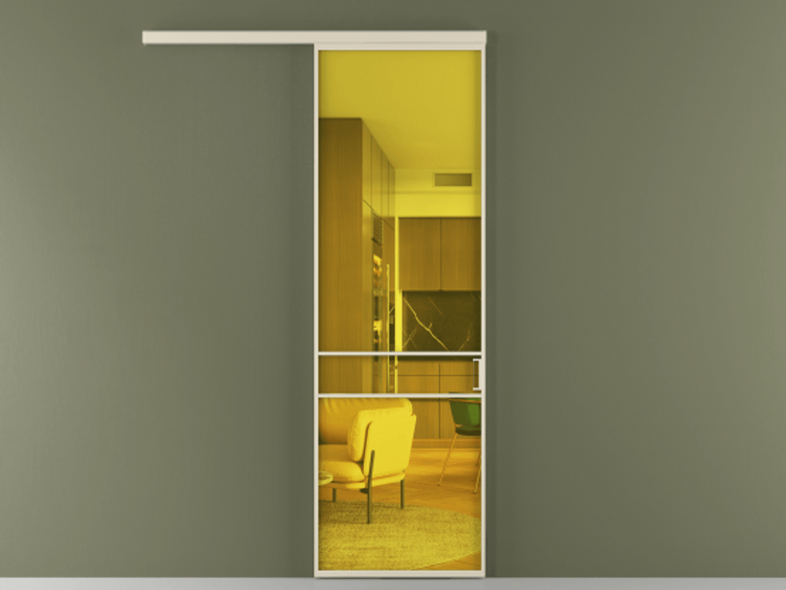 Межкомнатная дверь New Перегородка Formato вдоль стены одностворчатая АЛПР 040.02 Алюминий бежево-серый Прозрачное жёлтое стекло, триплекс Цена 6100.5847  | Volhovec