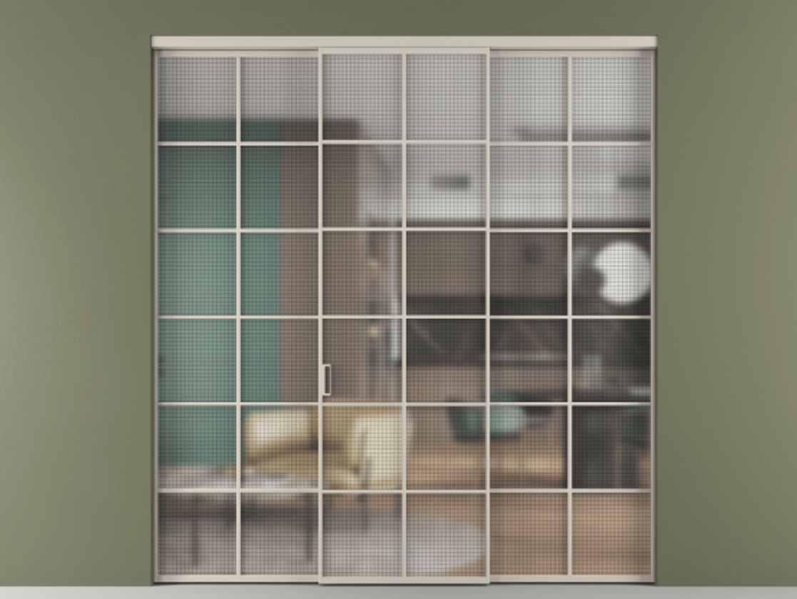 Перегородка Formato внутри проёма 3 створки АЛПР 040.05 Алюминий светло-бежевый Декоративное стекло с сеткой "Mesh silver", триплекс Цена 15320 Br | Volhovec