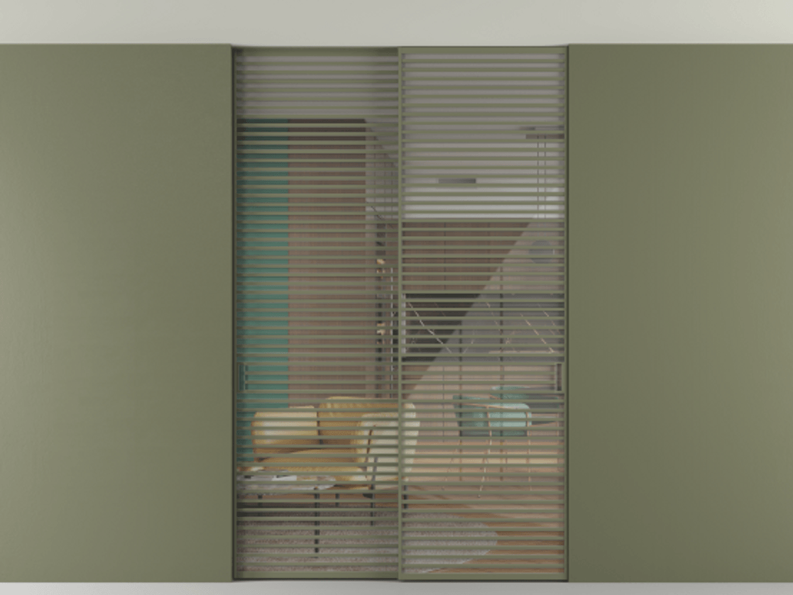 Перегородка Формато внутри проёма скрытое крепление в потолок 2 створки АЛПР 040.07 Алюминий оливковый тёмный Рефлективное прозрачное стекло "Стопсол", калёное Цена 27860 Br | Volhovec