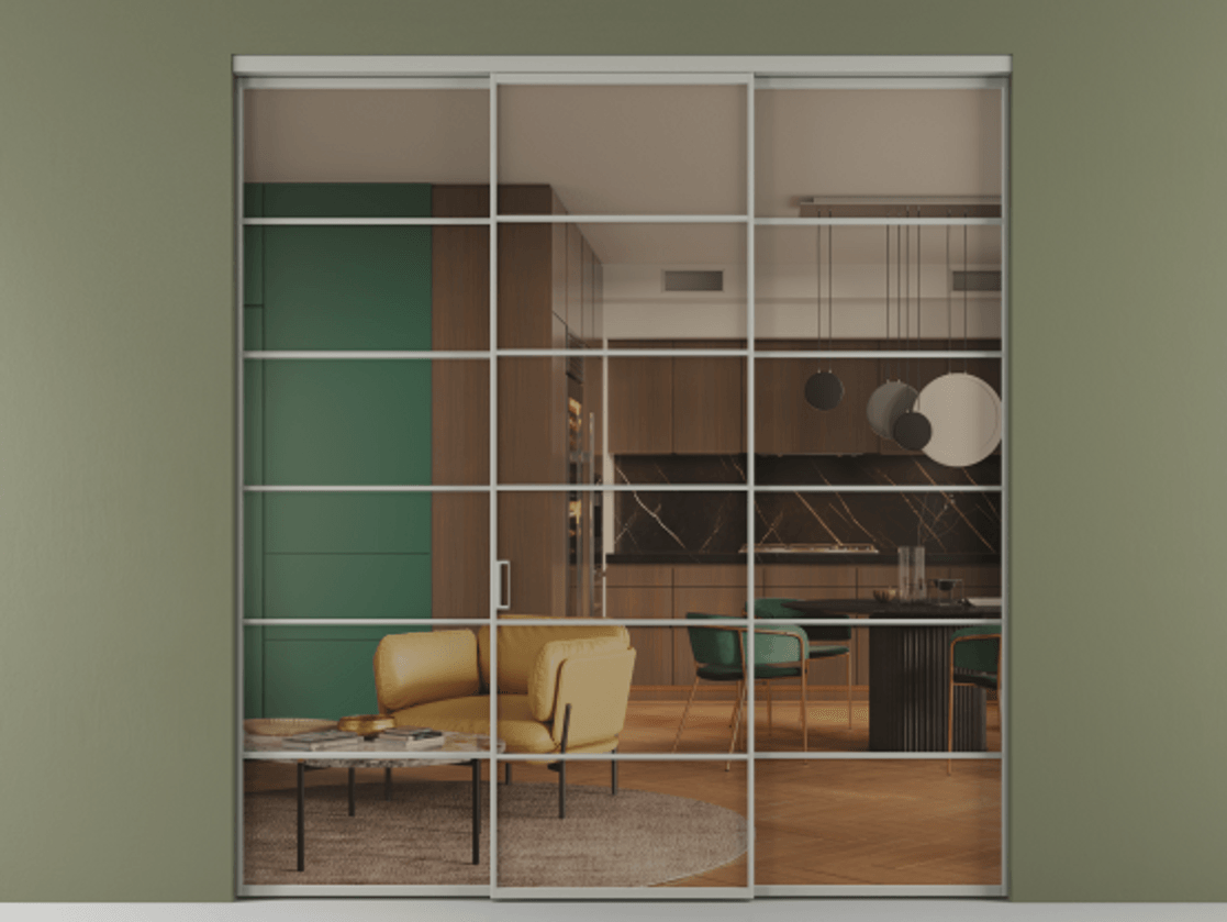 Перегородка Formato внутри проёма 3 створки АЛПР 040.04 Алюминий нейтральный серый Прозрачное бронзовое стекло, триплекс Цена 14290 Br | Volhovec