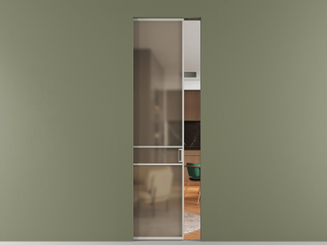 Перегородка Formato скрытый пенал 1 створка АЛПР 040.02 Алюминий тёплый серый Сатинированное бронзовое стекло, триплекс Цена 8300 Br | Volhovec