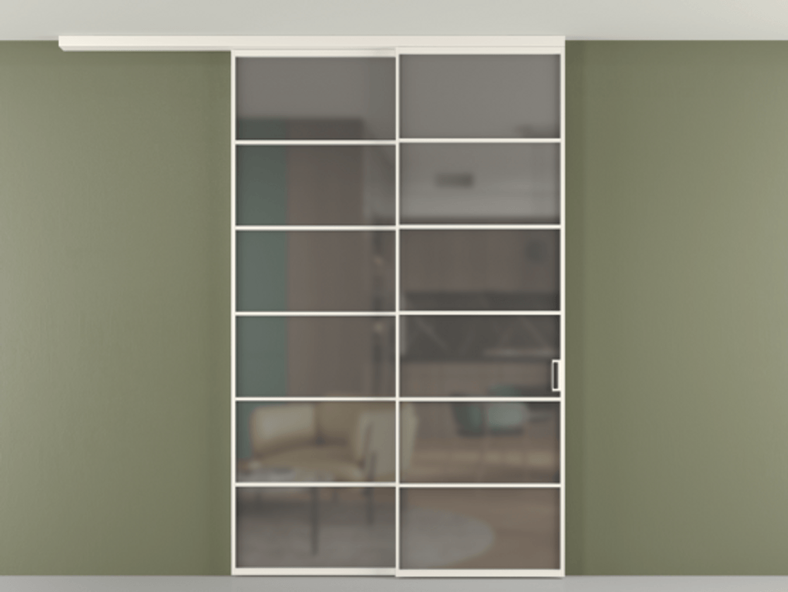 Перегородка Формато вдоль стены на потолок 2 створки с синхронным механизмом АЛПР 040.04 Алюминий пудровый белый Сатинированное серое стекло, триплекс Цена 17550 Br | Volhovec