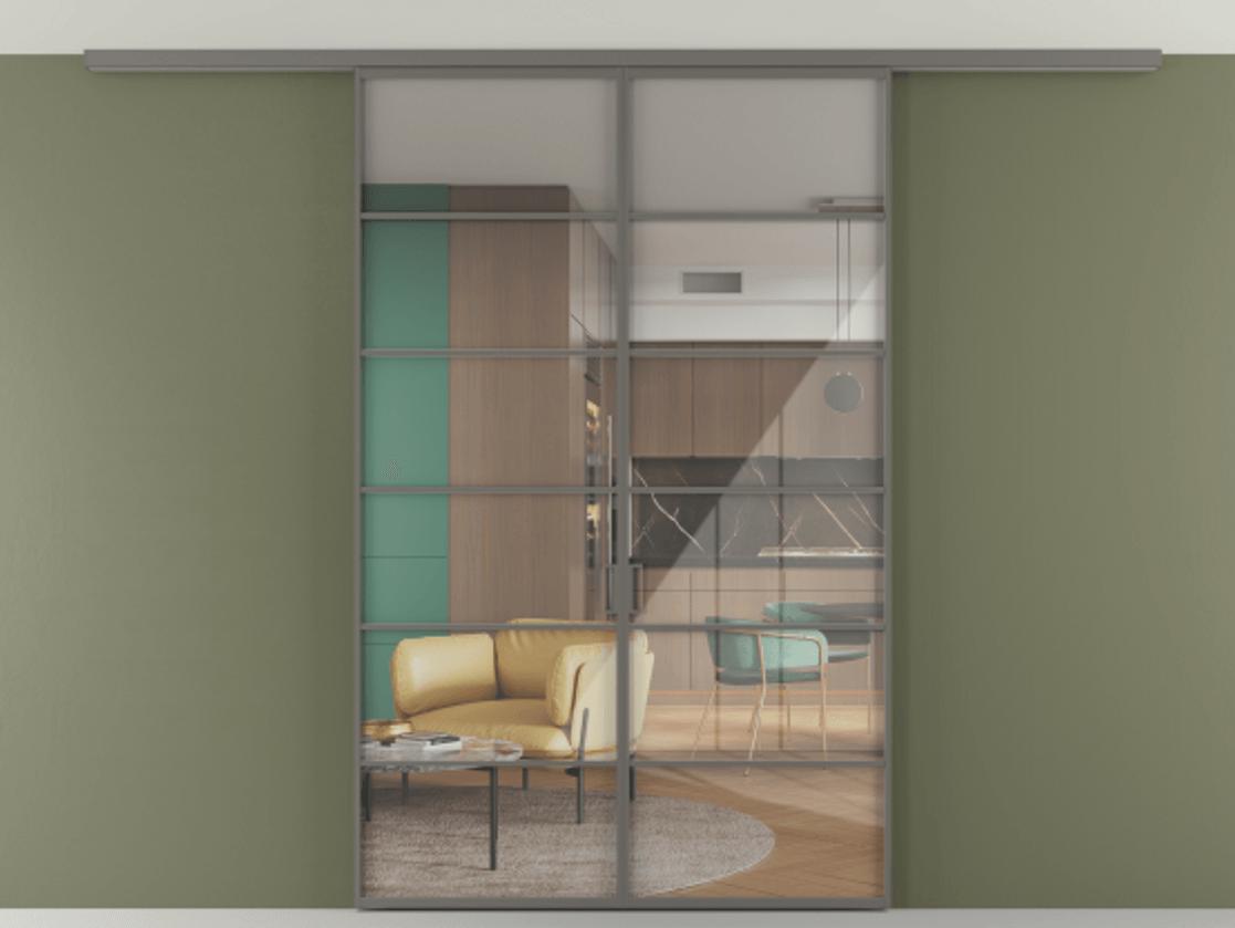 Перегородка Formato вдоль стены на потолок 2 створки АЛПР 040.04 Алюминий классический серый Рефлективное прозрачное стекло "Stopsol", калёное Цена 13960 Br | Volhovec