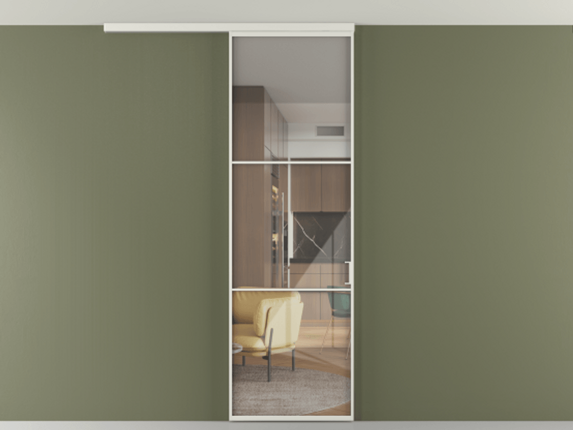 Перегородка Формато вдоль стены на потолок 1 створка АЛПР 040.03 Алюминий серый Рефлективное прозрачное стекло "Стопсол", калёное Цена 6711 Br | Volhovec