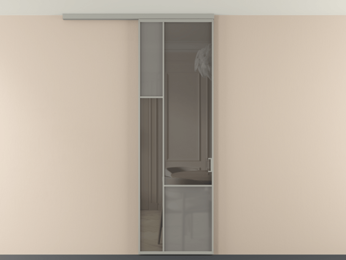 Перегородка Мозаик вдоль стены на потолок 1 створка АЛПР 041.13 Алюминий нейтральный серый Сатинированное серое стекло, триплекс, 6 мм + Прозрачное серое стекло, триплекс Цена 7220 Br | Volhovec