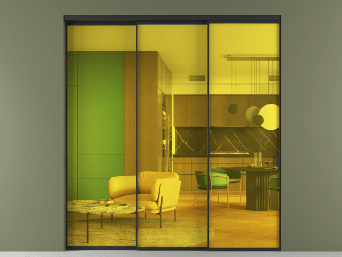 Перегородка Formato внутри проёма 3 створки с синхронным механизмом АЛПР 040.01 Алюминий Черный Прозрачное жёлтое стекло, триплекс Цена 16900 Br  | Volhovec