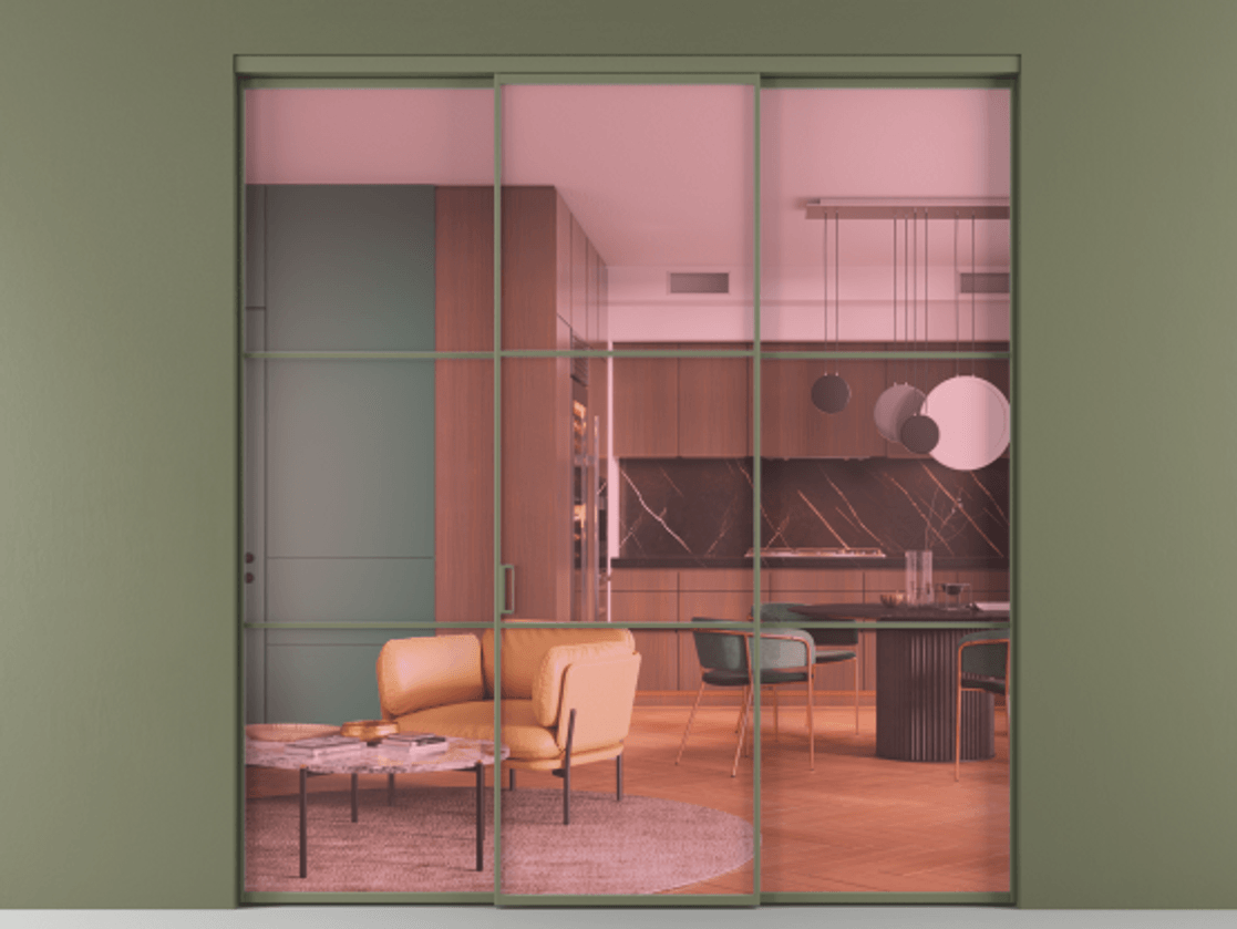 Перегородка Формато внутри проёма 3 створки АЛПР 040.03 Алюминий оливковый тёмный Прозрачное розовое стекло, триплекс Цена 13300 Br | Volhovec