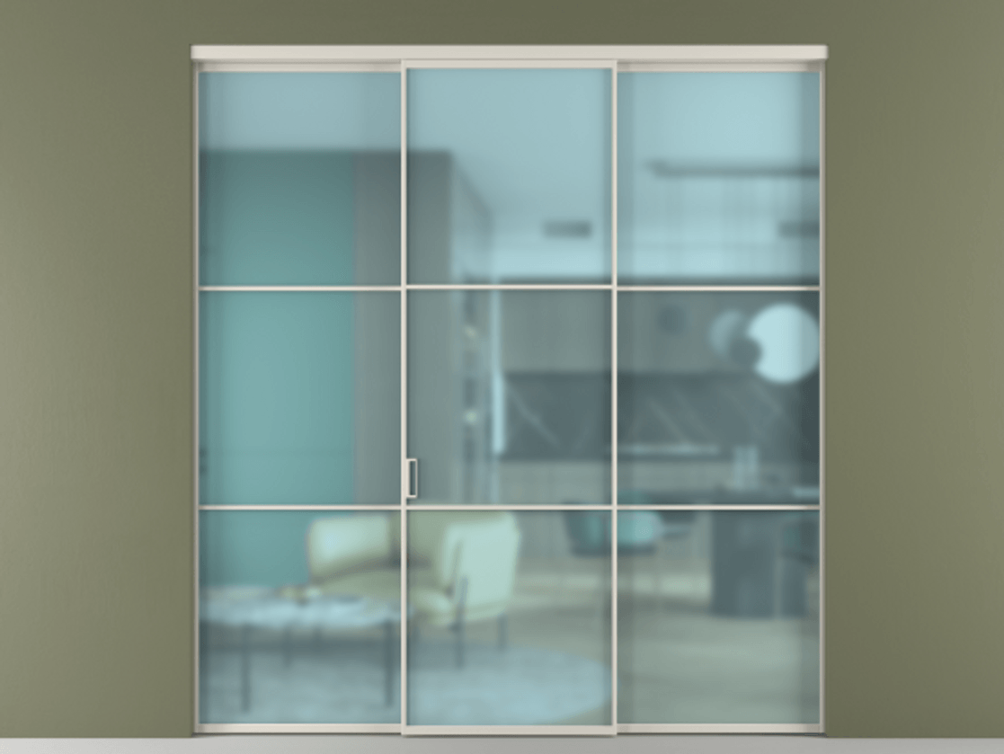 Перегородка Formato внутри проёма 3 створки АЛПР 040.03 Алюминий облачно-серый Сатинированное голубое стекло, триплекс Цена 12700 Br | Volhovec