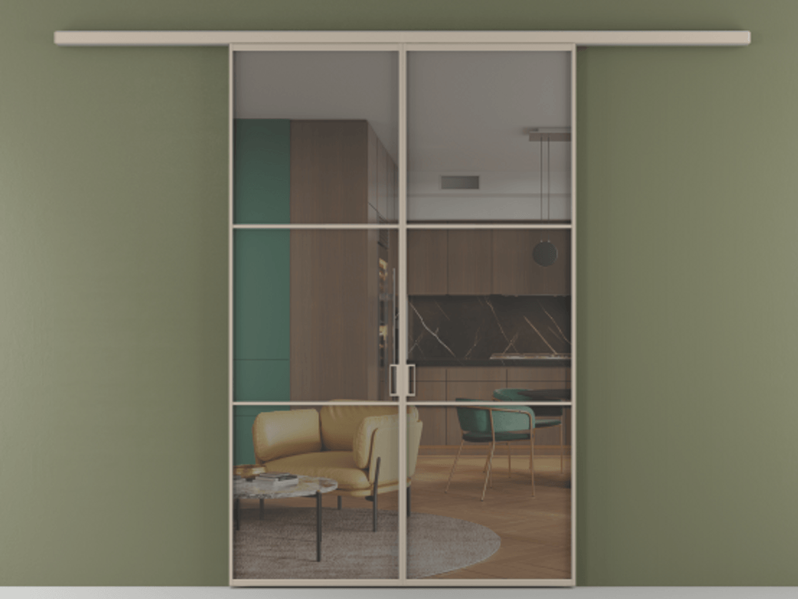 Перегородка Формато вдоль стены 2 створки АЛПР 040.03 Алюминий бисквитный Прозрачное серое стекло, триплекс Цена 10450 Br | Volhovec