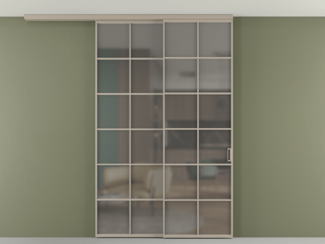 Перегородка Formato вдоль стены на потолок 2 створки с синхронным механизмом АЛПР 040.05 Алюминий бисквитный Сатинированное серое стекло, триплекс Цена 15110 Br | Volhovec