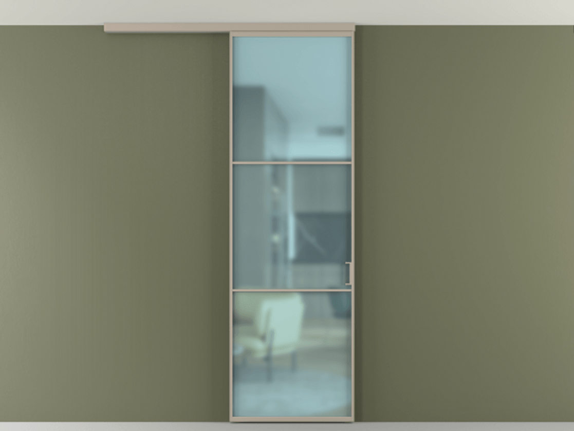 Перегородка Формато вдоль стены на потолок 1 створка АЛПР 040.03 Алюминий бисквитный Сатинированное голубое стекло, триплекс Цена 5400 Br | Volhovec