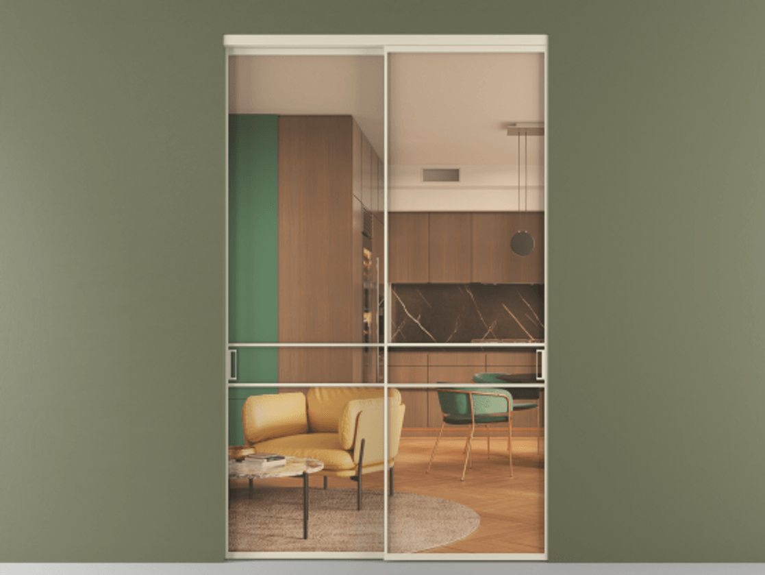 Перегородка Формато внутри проёма 2 створки АЛПР 040.02 Алюминий бежево-серый Прозрачное оранжевое стекло, триплекс Цена 23100 Br  | Volhovec