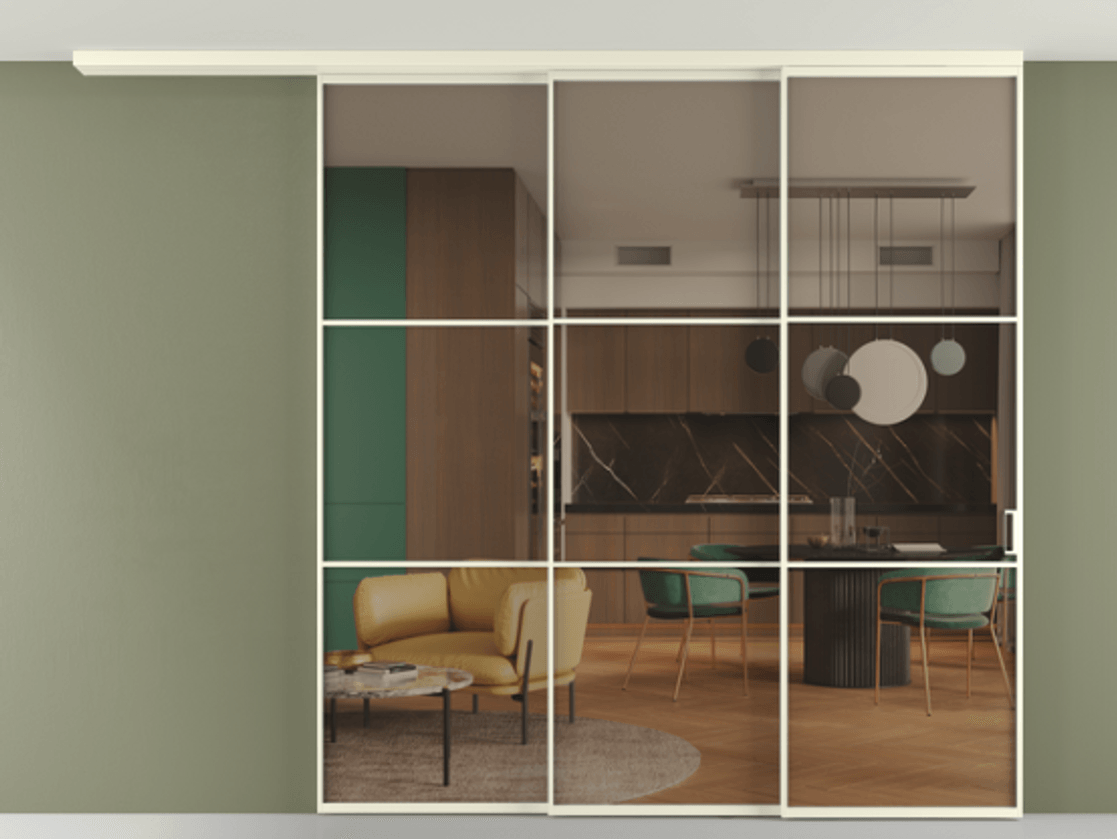 Перегородка Формато вдоль стены на потолок 3 створки с синхронным механизмом АЛПР 040.03 Алюминий молочно-белый Прозрачное бронзовое стекло, триплекс Цена 23840 Br | Volhovec