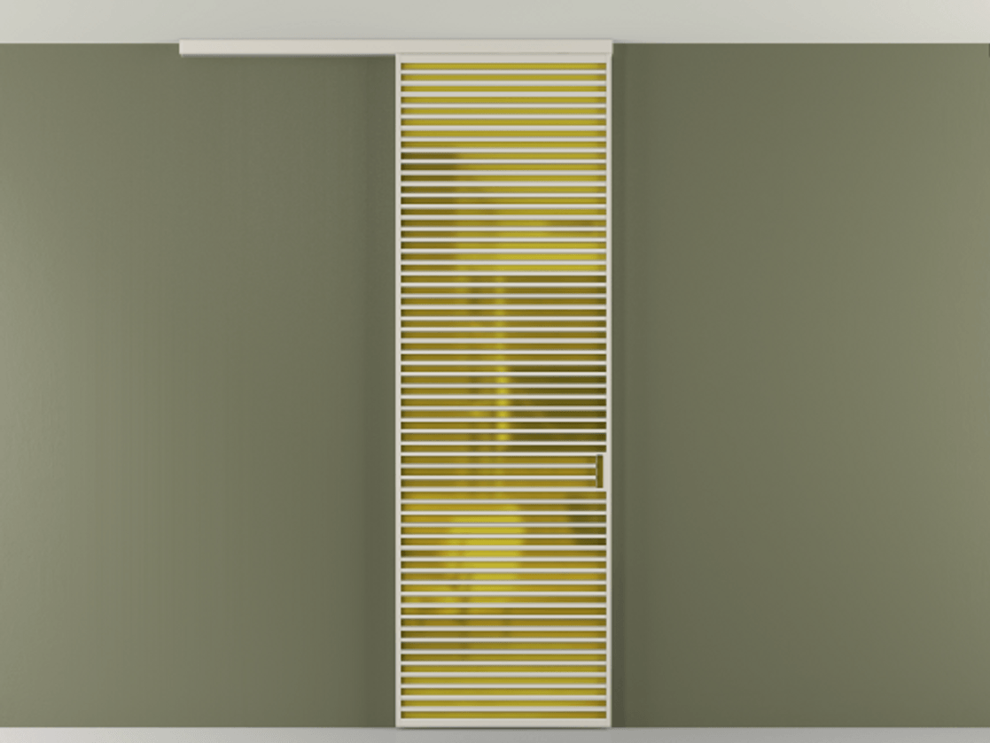 Перегородка Формато вдоль стены на потолок 1 створка АЛПР 040.07 Алюминий облачно-серый Сатинированное жёлтое стекло, триплекс Цена 9500 Br | Volhovec