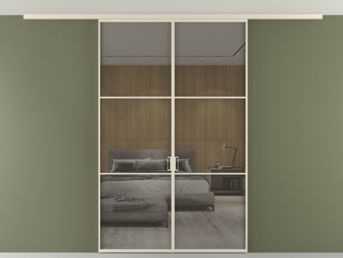 Перегородка Формато вдоль стены на потолок 2 створки АЛПР 040.03 Алюминий бежево-серый Рефлективное серое стекло "Стопсол", калёное Цена 13040 Br | Volhovec