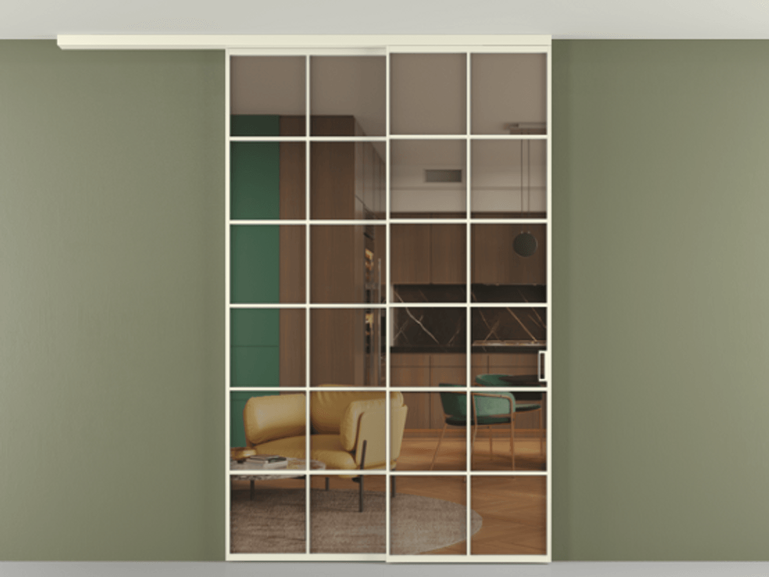 Перегородка Formato вдоль стены на потолок 2 створки с синхронным механизмом АЛПР 040.05 Алюминий молочно-белый Прозрачное бронзовое стекло, триплекс Цена 15110 Br | Volhovec