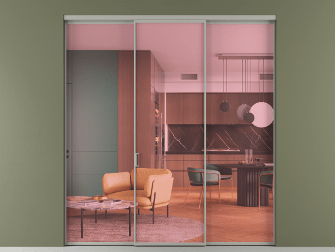 Перегородка Formato внутри проёма 3 створки АЛПР 040.01 Алюминий нейтральный серый Прозрачное розовое стекло, триплекс Цена 12000 Br | Volhovec